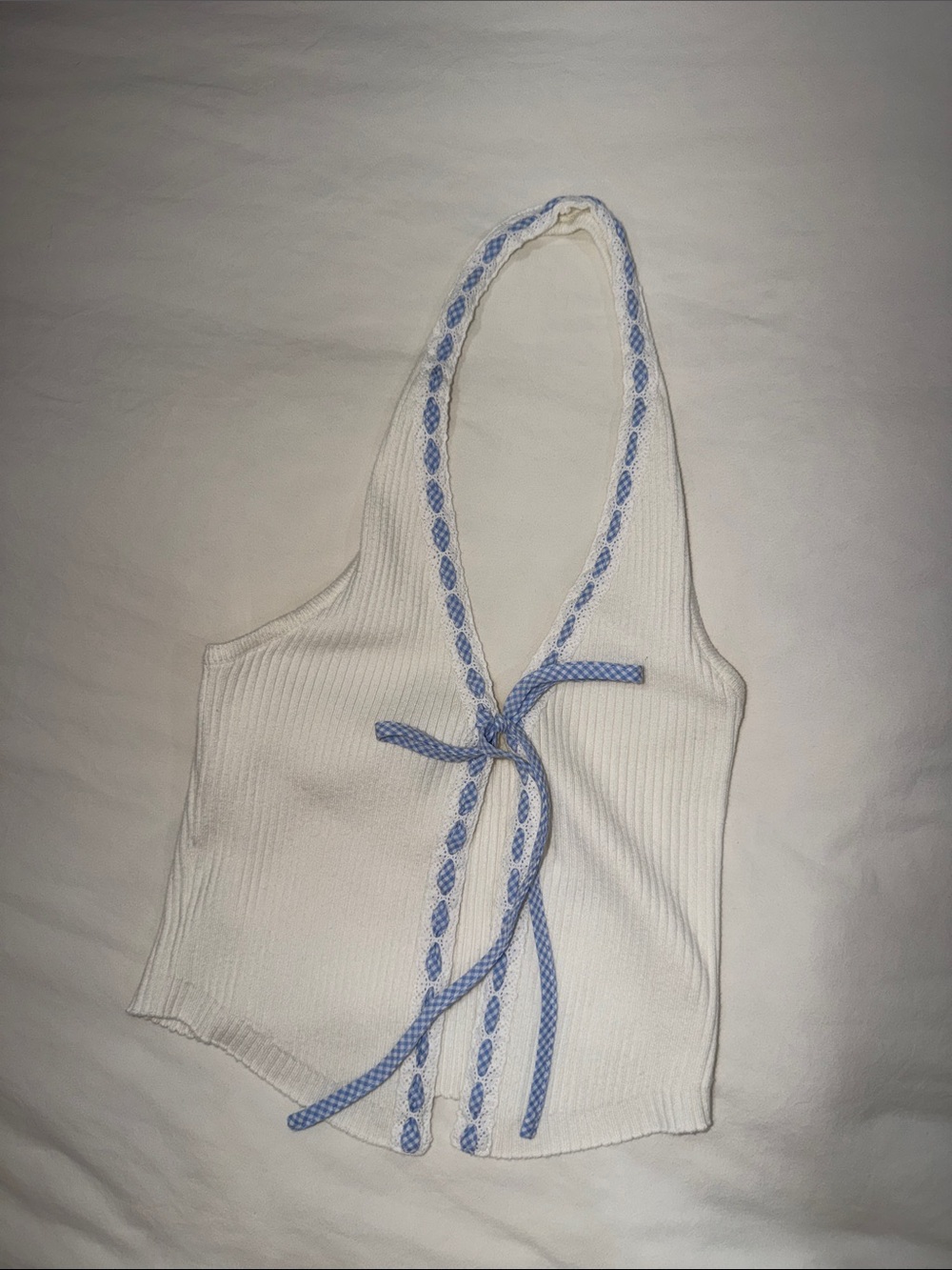 White Halter Knit Tank with Blue Trim